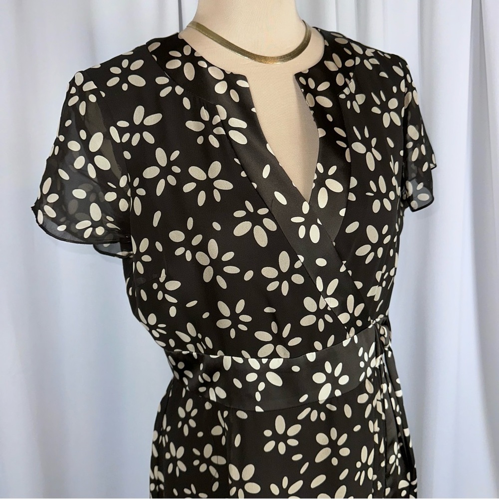 Talbots Vintage Pure Silk Midi Dress Sz 6 Brown Tan Faux Wrap‎ Bow Detail EUC - Picture 5 of 15